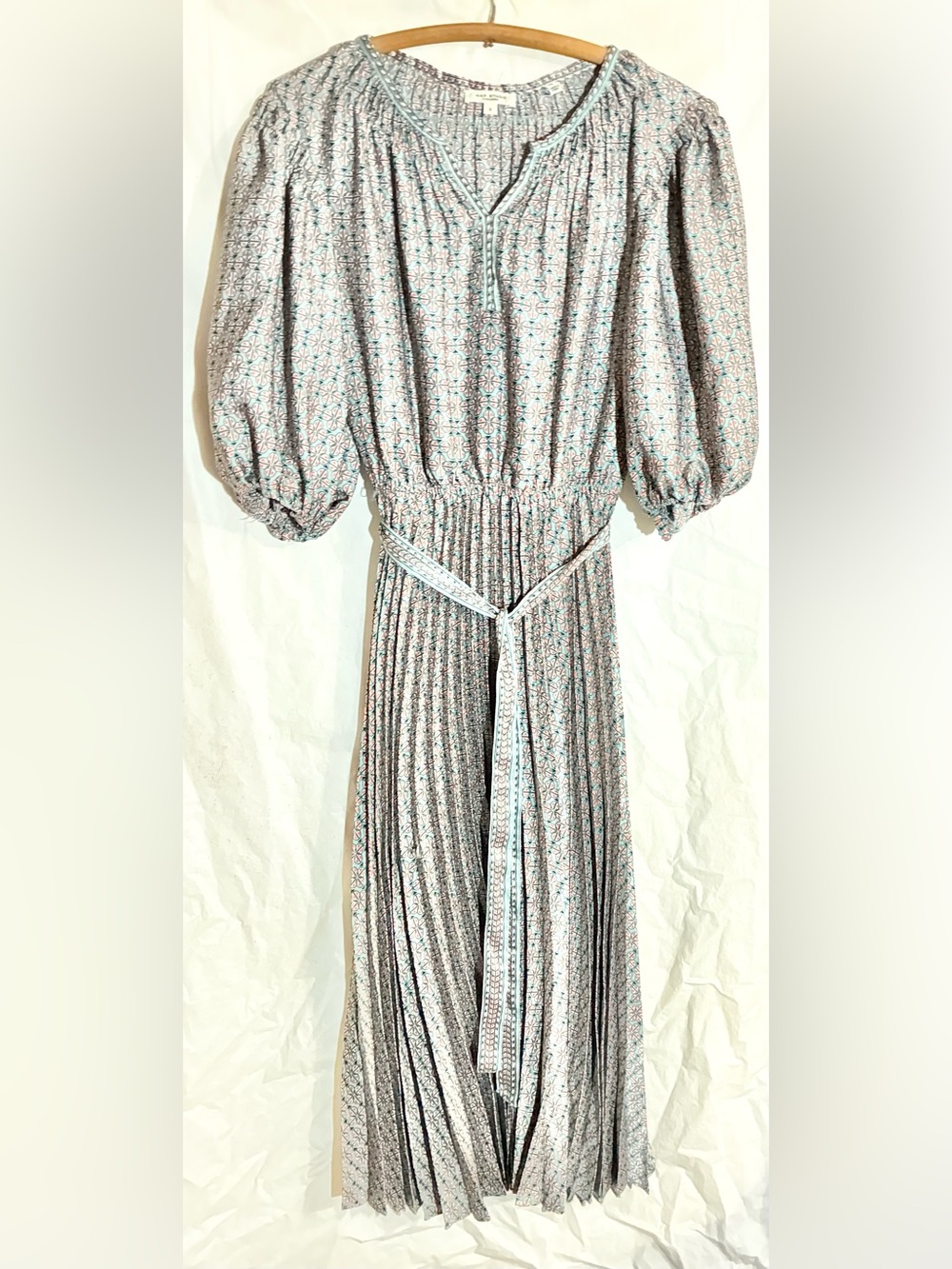 Max Studio London Pleated Midi Dress S Belted Balloon Slve Party Career Wedding
